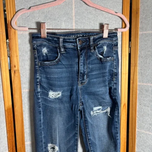 American Eagle Outfitters Womens High Waisted Skinny Jeans Blue Distressed Sz 2 - Picture 6 of 10